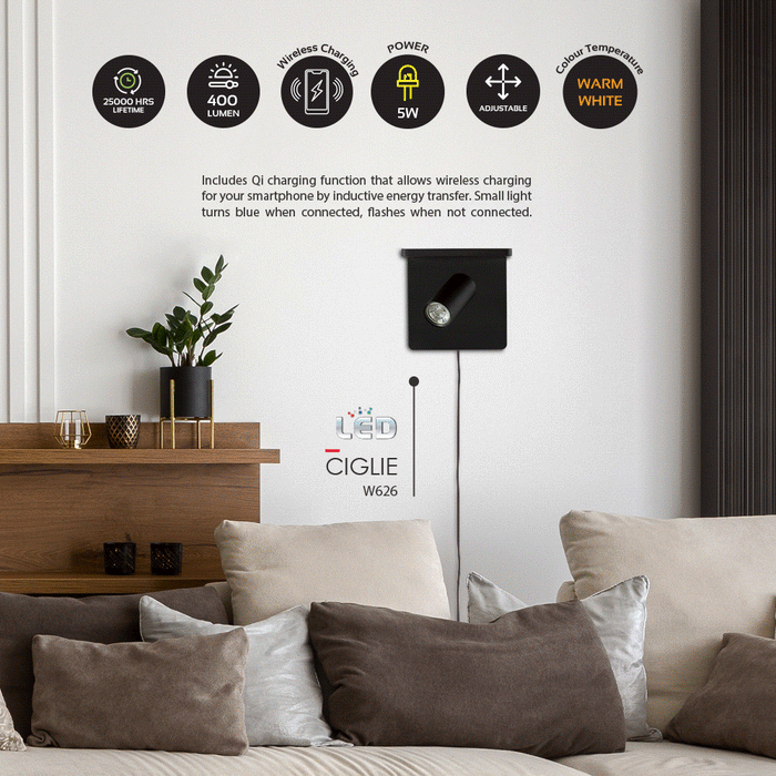 Ciglie LED Black Shelf Bedside Reading Wall Light with Wireless Charging - Lighting.co.za