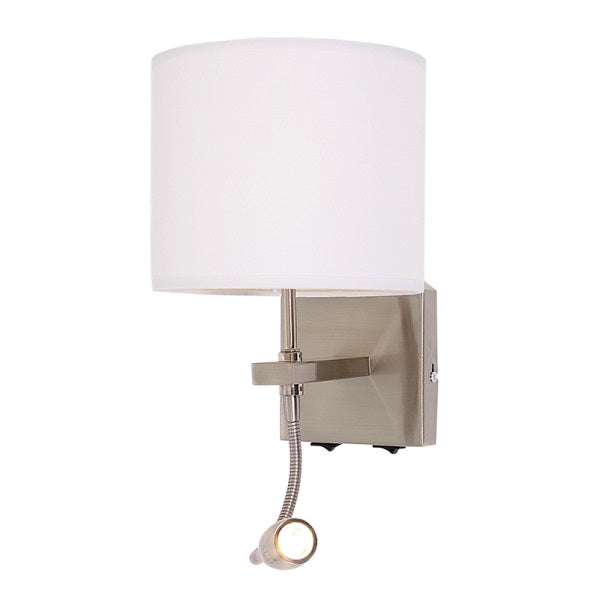 Akari Satin Chrome and White Shade Bedside Reading Wall Light with Gooseneck LED Light - Lighting.co.za