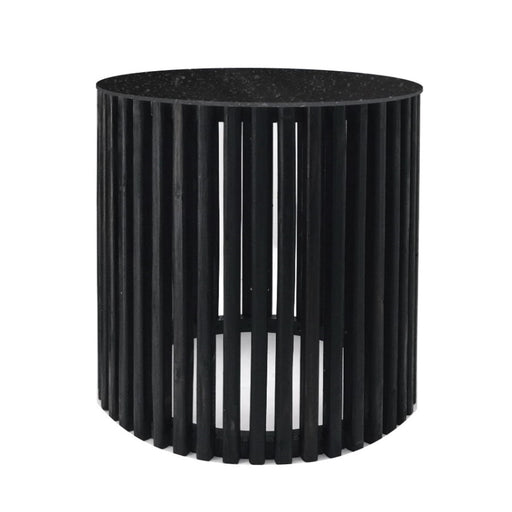 Cassia Round Black Pin Oak Slatted Side Table and Stone Top 2 Sizes - Lighting.co.za