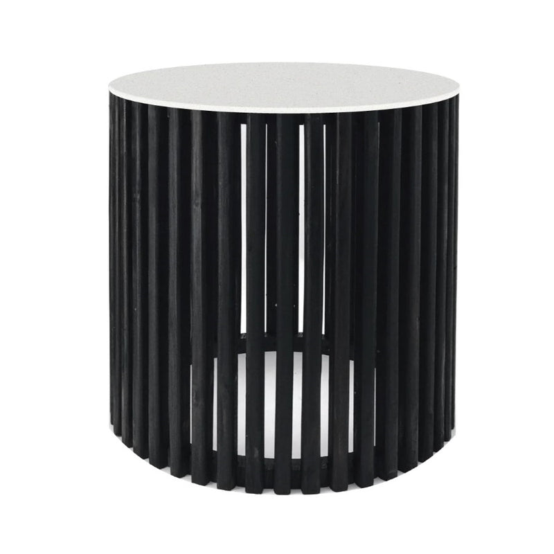 Cassia Round Black Pin Oak Slatted Side Table and Stone Top 2 Sizes - Lighting.co.za