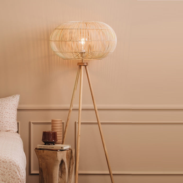 Marina Natural Woven Rattan Shade with Wood Tripod Floor Lamp - Lighting.co.za